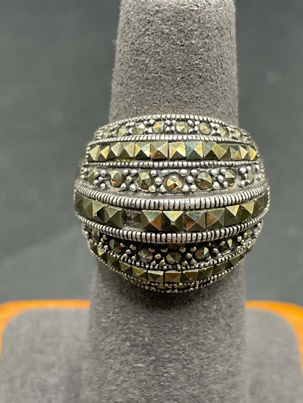 Vintage CFJ Thai 925 Sterling Silver Marcasite Dome Wide Band Ring Sz 6